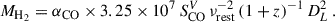 Mathematical equation: $$ \begin{aligned} M_{\mathrm{H}_2} = \alpha _{\rm CO} \times 3.25\times 10^7\, S^V_{\rm CO}\, \nu _{\rm rest}^{-2}\, (1+z)^{-1}\, D_L^2 \,. \end{aligned} $$