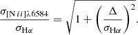 Mathematical equation: $$ \begin{aligned} \frac{\sigma _{[\mathrm{N}\,ii ]\lambda 6584}}{\sigma _{\mathrm{H}\alpha }} = \sqrt{1 + \left( \frac{\Delta }{\sigma _{\mathrm{H}\alpha }} \right) ^2}. \end{aligned} $$