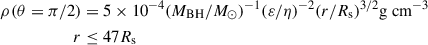 Mathematical equation: $$ \begin{aligned} \rho (\theta =\pi /2)&= 5\times 10^{-4}(M_{\rm BH}/M_\odot )^{-1} (\varepsilon /\eta )^{-2}(r/R_{\rm s})^{3/2} \mathrm{g \ cm^{-3}}\nonumber \\ \qquad \qquad r&\le 47R_{\rm s}\end{aligned} $$