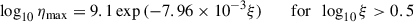 Mathematical equation: $$ \begin{aligned} \log _{10}\eta _{\rm max}&= 9.1\exp {(-7.96 \times 10^{-3 }\xi )} \ \ \ \ \ \ \ \mathrm{for} \ \ \log _{10} \xi > 0.5 \end{aligned} $$