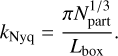 Mathematical equation: ${k_{{\rm{Nyq}}}} = {{{\rm{\pi }}N_{{\rm{part}}}^{1/3}} \over {{L_{{\rm{box}}}}}}.$