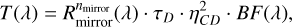 Mathematical equation: T(\lambda) = R^{n_\mathrm{mirror}}_\mathrm{mirror}(\lambda) \cdot \tau_{D} \cdot \eta^{2}_{CD} \cdot BF(\lambda),