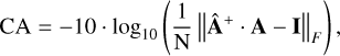 Mathematical equation: $\mathrm{CA}=-10 \cdot \log _{10}\left(\frac{1}{\mathrm{~N}}\left\|\hat{\mathbf{A}}^{+} \cdot \mathbf{A}-\mathbf{I}\right\|_{F}\right),$