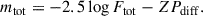 Mathematical equation: $$ \begin{aligned} m_{\rm {tot}}=-2.5 \log {F_{\rm {tot}}} - ZP_{\rm {diff}}. \end{aligned} $$