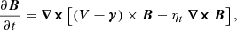 Mathematical equation: $$ \begin{aligned} \frac{\partial \boldsymbol{B}}{\partial t} = \boldsymbol{\nabla \times } \left[ (\boldsymbol{V} +\boldsymbol{\gamma }) \times \boldsymbol{B} - \eta _t \boldsymbol{\nabla \times } \boldsymbol{B} \right], \end{aligned} $$