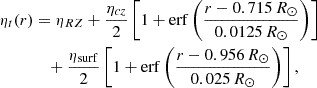 Mathematical equation: $$ \begin{aligned} \eta _t(r)&= \eta _{RZ} + \frac{\eta _{cz}}{2}\left[1 + \mathrm{erf} \left(\frac{r - 0.715\,R_{\odot }}{0.0125\,R_{\odot }}\right) \right] \\ \nonumber&\quad +\frac{\eta _{\mathrm{surf} }}{2}\left[1 + \mathrm{erf} \left(\frac{r - 0.956\,R_{\odot }}{0.025\,R_{\odot }}\right) \right], \end{aligned} $$