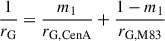 Mathematical equation: $ \frac{1}{r_{\mathrm{G}}} = \frac{m_1}{r_{\mathrm{G,CenA}}} + \frac{1 - m_1}{r_{\mathrm{G,M83}}} $