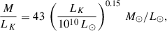 Mathematical equation: $$ \begin{aligned} \frac{M}{L_K} = 43\,\left(\frac{L_K}{10^{10}\,L_\odot }\right)^{0.15}\,M_\odot /L_\odot , \end{aligned} $$