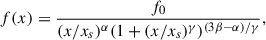 Mathematical equation: $$ \begin{aligned} f(x) = \frac{f_0}{(x/x_s)^{\alpha }(1+(x/x_s)^{\gamma })^{(3\beta -\alpha )/\gamma }}, \end{aligned} $$