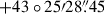 Mathematical equation: $ +43\circ25{\prime}28{{\overset{\prime\prime}{.}}}45 $