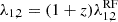 Mathematical equation: $ \lambda_{1,2} = (1+z)\lambda^{\mathrm{RF}}_{1,2} $