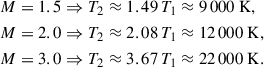 Mathematical equation: $$ \begin{aligned} M = 1.5&\Rightarrow T_2 \approx 1.49\, T_1 \approx 9\,000\ \mathrm{K} , \\ M = 2.0&\Rightarrow T_2 \approx 2.08\, T_1 \approx 12\,000\ \mathrm{K} , \\ M = 3.0&\Rightarrow T_2 \approx 3.67\, T_1 \approx 22\,000\ \mathrm{K} . \end{aligned} $$