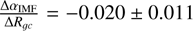 Mathematical equation: $\frac{\Delta \alpha_{\text {IMF }}}{\Delta R_{g c}}=-0.020 \pm 0.011$