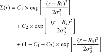 \makecell[tl]{ $\Sigma(r) = C_1 \times \exp\left[-\dfrac{(r-R_1)^2}{2 \sigma_1^2}\right]$ \\[12pt] $\textcolor{white}{\Sigma(r) =} + C_2 \times \exp\left[-\dfrac{(r-R_2)^2}{2 \sigma_2^2}\right]$ \\[12pt] $\textcolor{white}{\Sigma(r) =} + (1-C_1-C_2) \times \exp\left[-\dfrac{(r-R_3)^2}{2 \sigma_3^2}\right]$ }