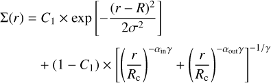 \makecell[tl]{ $\Sigma(r) = C_1\times\exp\left[-\dfrac{(r-R)^2}{2 \sigma^2}\right]$ \\[12pt] $\textcolor{white}{\Sigma(r) =} + (1-C_1)\times \left[\left(\dfrac{r}{R_{\rm{c}}}\right)^{-\alpha_{\text{in}} \gamma} + \left(\dfrac{r}{R_{\rm{c}}}\right)^{-\alpha_{\text{out}} \gamma}\right]^{-1/\gamma}$ }