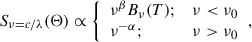 Mathematical equation: $$ \begin{aligned} S_{\nu = c/\lambda }(\Theta ) \propto {\left\{ \begin{array}{ll} \nu ^\beta B_\nu (T);&\nu < \nu _0 \\ \nu ^{-\alpha };&\nu > \nu _0 \\ \end{array}\right.}, \end{aligned} $$