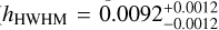 Mathematical equation: ${h_{{\rm{HWHM}}}} = 0.0092_{ - 0.0012}^{ + 0.0012}$