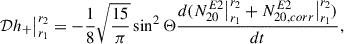 Mathematical equation: $$ \begin{aligned} \mathcal{D} h_+\big |_{r_1}^{r_2} = -\frac{1}{8}\sqrt{\frac{15}{\pi }}\sin ^2\Theta \frac{ d (N^{E2}_{20}\big |_{r_1}^{r_2} + N^{E2}_{20, corr }\big |_{r_1}^{r_2})}{ d t}, \end{aligned} $$
