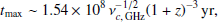 Mathematical equation: $$ \begin{aligned} t_{\rm max}\sim 1.54\times 10^8 \,\nu _{c,{\,\mathrm {GHz}}}^{-1/2} (1+z)^{-3} \,\mathrm{yr}, \end{aligned} $$