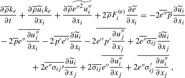 Mathematical equation: $$ \begin{aligned}&\dfrac{\partial \overline{\rho } k_e}{\partial t} + \dfrac{\partial \overline{\rho } \widetilde{u}_i k_e}{\partial x_i} + \dfrac{\partial \overline{\rho } \widetilde{e{^{\prime \prime }}^2 u_i^{\prime \prime }}}{\partial x_i} + 2 \overline{\rho } F^\mathrm{(e)}_i \dfrac{\partial \widetilde{e}}{\partial x_i} = -2 \overline{e^{\prime \prime }} \overline{p} \dfrac{\partial \widetilde{u}_i}{\partial x_i} \nonumber \\&- 2 \overline{p} \overline{e^{\prime \prime } \dfrac{\partial u_i^{\prime \prime }}{\partial x_i}} - 2 \overline{p^{\prime } e^{\prime \prime }} \dfrac{\partial \widetilde{u}_i}{\partial x_i} - 2 \overline{e^{\prime \prime } p^{\prime } \dfrac{\partial u_j^{\prime \prime }}{\partial x_j}} + 2 \overline{e^{\prime \prime }} \overline{\sigma _{ij}} \dfrac{\partial \widetilde{u}_i}{\partial x_j} \nonumber \\&\qquad \qquad \quad + 2 \overline{e^{\prime \prime } \sigma _{ij}{\prime }} \dfrac{\partial \widetilde{u}_i}{\partial x_j} + 2 \overline{\sigma _{ij}} \overline{e^{\prime \prime } \dfrac{\partial u_i^{\prime \prime }}{\partial x_j}} + 2 \overline{e^{\prime \prime } \sigma _{ij}^{\prime } \dfrac{\partial u_i^{\prime \prime }}{\partial x_j}} ~, \end{aligned} $$
