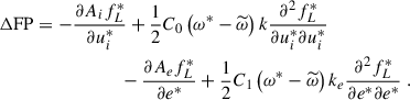Mathematical equation: $$ \begin{aligned} \Delta \mathrm{FP}&= -\dfrac{\partial A_i f_L^*}{\partial u_i^*} + \dfrac{1}{2} C_0 \left( \omega ^*- \widetilde{\omega } \right) k \dfrac{\partial ^2 f_L^*}{\partial u_i^*\partial u_i^*} \nonumber \\&\qquad \qquad \qquad - \dfrac{\partial A_e f_L^*}{\partial e^*} + \dfrac{1}{2} C_1 \left( \omega ^*- \widetilde{\omega } \right) k_e \dfrac{\partial ^2 f_L^*}{\partial e^*\partial e^*} ~. \end{aligned} $$