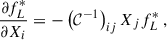 Mathematical equation: $$ \begin{aligned} \dfrac{\partial f_L^*}{\partial X_i} = -\left( \mathcal{C} ^{-1} \right)_{ij} X_j f_L^*~, \end{aligned} $$