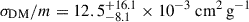 Mathematical equation: $ \sigma_{\mathrm{DM}}/m={12.5^{+16.1}_{-8.1}}\times10^{-3}\ {\mathrm{cm}^2\,\mathrm{g}^{-1}} $