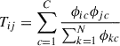 Mathematical equation: $$ \begin{aligned} T_{ij} = \sum _{c = 1}^C{\frac{\phi _{ic} \phi _{jc}}{\sum _{k = 1}^N{\phi _{kc}}}} \end{aligned} $$