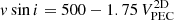 Mathematical equation: $ v \sin{i} = 500-1.75\,V_{\mathrm{PEC}}^{\mathrm{2D}} $