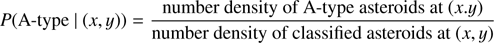 Mathematical equation: $\[P(\text {A-type } \mid(x, y))=\frac{\text { number density of A-type asteroids at }(x. y)}{\text { number density of classified asteroids at }(x, y)}\]$