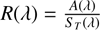 Mathematical equation: $\[R(\lambda)=\frac{A(\lambda)}{S_{T}(\lambda)}\]$