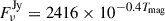 Mathematical equation: $$ \begin{aligned} F_\nu ^{\mathrm{Jy} } = 2416 \times 10^{-0.4 T_{\mathrm{mag} }} \end{aligned} $$
