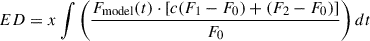 Mathematical equation: $$ \begin{aligned} ED&= x \int \left( \frac{ F_\mathrm{model} (t) \cdot \left[ c (F_1 - F_0) + (F_2 - F_0) \right] }{ F_0 } \right) dt\end{aligned} $$