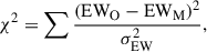 Mathematical equation: $$ \begin{aligned} \chi ^2 = \sum \frac{ \left( \mathrm{EW}_{\rm O} - \mathrm{EW}_{\rm M} \right)^2 }{\sigma _{\rm EW}^2}, \end{aligned} $$