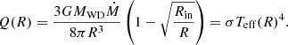 Mathematical equation: $$ \begin{aligned} Q (R) = \frac{3 G M_{\rm WD} \dot{M}}{8 \pi R^3}\left(1 - \sqrt{\frac{R_{\rm in}}{R}}\right) = \sigma T_{\rm eff} (R)^{4}. \end{aligned} $$
