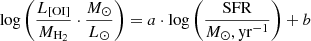 Mathematical equation: $ \log \left( \frac{L_\mathrm{{[OI]}}}{M_{\mathrm{H_2}}} \cdot \frac{M_\odot}{L_\odot} \right) = a \cdot \log \left( \frac{\mathrm{{SFR}}}{M_\odot,\mathrm{{yr}}^{-1}} \right) + b $