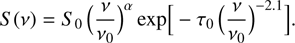 Mathematical equation: $S(v) = {S_0}{\left( {{v \over {{v_0}}}} \right)^\alpha }\exp \left[ { - {\tau _0}{{\left( {{v \over {{v_0}}}} \right)}^{ - 2.1}}} \right].$