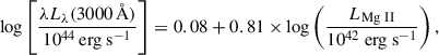Mathematical equation: $$ \begin{aligned} \log \left[\frac{\lambda L_{\lambda }(3000\, \AA )}{10^{44}\,\mathrm{{erg\ s}^{-1}}}\right] = 0.08+0.81\times \log \left({\frac{L_{\rm {Mg\ II}}}{10^{42}\ \mathrm{{erg\ s}^{-1}}}}\right) ,\end{aligned} $$