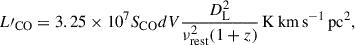 Mathematical equation: $$ \begin{aligned} L\prime _{\rm CO} = 3.25 \times 10^7 S_{\rm CO}dV {{D_{\rm L}^2}\over {\nu _{\rm rest}^2(1+z)}} \,\mathrm{K\,km\,s^{-1}\,pc^2}, \end{aligned} $$