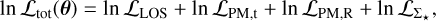 Mathematical equation: $\ln \mathcal{L}_{\mathrm{tot}}(\theta)=\ln \mathcal{L}_{\mathrm{LOS}}+\ln \mathcal{L}_{\mathrm{PM}, \mathrm{t}}+\ln \mathcal{L}_{\mathrm{PM}, \mathrm{R}}+\ln \mathcal{L}_{\Sigma_{\star}},$