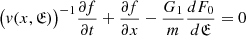 Mathematical equation: $$ \begin{aligned} \big (v(x,{\mathfrak{E} })\big )^{-1}\frac{\partial f}{\partial t}+\frac{\partial f}{\partial x}-\frac{G_1}{m} \frac{dF_0}{d{\mathfrak{E} }} = 0 \end{aligned} $$
