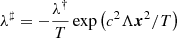 Mathematical equation: $ {\lambda}^\sharp =- \frac{\lambda^\dag}{T}\exp\big( c^2 \Lambda \boldsymbol{x}^2/T \big) $