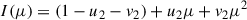 Mathematical equation: $$ \begin{aligned} I(\mu ) = (1-u_2-v_2)+u_2 \mu + v_2 \mu ^2 \end{aligned} $$