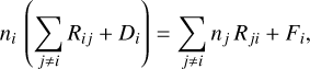 Mathematical equation: $\[n_i\left(\sum_{j \neq i} R_{i j}+D_i\right)=\sum_{j \neq i} n_j ~R_{j i}+F_i,\]$