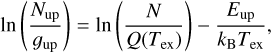 Mathematical equation: $\[\ln \left(\frac{N_{\mathrm{up}}}{g_{\mathrm{up}}}\right)=\ln \left(\frac{N}{Q\left(T_{\mathrm{ex}}\right)}\right)-\frac{E_{\mathrm{up}}}{k_{\mathrm{B}} T_{\mathrm{ex}}},\]$