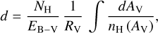 Mathematical equation: $\[d=\frac{N_{\mathrm{H}}}{E_{\mathrm{B}-\mathrm{V}}} \frac{1}{R_{\mathrm{V}}} \int \frac{d A_{\mathrm{V}}}{n_{\mathrm{H}}\left(A_{\mathrm{V}}\right)},\]$