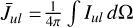 Mathematical equation: $\[\bar{J}_{u l}= \frac{1}{4 \pi} \int I_{u l} ~d \Omega\]$