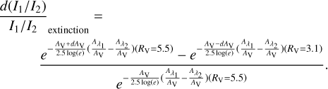 Mathematical equation: $\[\begin{aligned}{\frac{d\left(I_1 / I_2\right)}{I_1 / I_2}}_{\text {extinction }}=\qquad\qquad\qquad\qquad\qquad\qquad\qquad\qquad\qquad\quad \\\frac{e^{-\frac{A_{\mathrm{V}}+d A_{\mathrm{V}}}{2.5 ~\log (e)}\left(\frac{A_{\lambda_1}}{A_{\mathrm{V}}}-\frac{A_{\lambda_2}}{A_{\mathrm{V}}}\right)\left(R_{\mathrm{V}}=5.5\right)}-e^{-\frac{A_{\mathrm{V}}-d A_{\mathrm{V}}}{2.5 ~\log (e)}\left(\frac{A_{\lambda_1}}{A_{\mathrm{V}}}-\frac{A_{\lambda_2}}{A_{\mathrm{V}}}\right)\left(R_{\mathrm{V}}=3.1\right)}}{e^{-\frac{A_{\mathrm{V}}}{2.5 ~\log (e)}\left(\frac{A_{\lambda_1}}{A_{\mathrm{V}}}-\frac{A_{\lambda_2}}{A_{\mathrm{V}}}\right)\left(R_{\mathrm{V}}=5.5\right)}}.\end{aligned}\]$