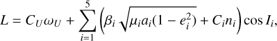 Mathematical equation: $L = {C_U}{\omega _U} + \sum\limits_{i = 1}^5 {\left( {{\beta _i}\sqrt {{\mu _i}{a_i}\left( {1 - e_i^2} \right)} + {C_i}{n_i}} \right)} \cos {I_i},$