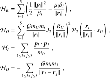 Mathematical equation: $\eqalign{& {{\cal H}_K} = \sum\limits_{i = 1}^5 {\left( {{1 \over 2}{{{{\left\| {{{\bf{p}}_i}} \right\|}^2}} \over {{\beta _i}}} - {{{\mu _i}{\beta _i}} \over {\left\| {{{\bf{r}}_i}} \right\|}}} \right)} , \cr & {{\cal H}_O} = \sum\limits_{i = 1}^5 {{{{\cal G}{m_U}{m_i}} \over {\left\| {{{\bf{r}}_i}} \right\|}}} {J_2}{\left( {{{{R_U}} \over {\left\| {{{\bf{r}}_i}} \right\|}}} \right)^2}{{\cal P}_2}\left( {{{{{\bf{r}}_i}} \over {\left\| {{{\bf{r}}_i}} \right\|}}\cdot{{\bf{s}}_U}} \right), \cr & {{\cal H}_I} = \sum\limits_{1 \le i < j \le 5} {{{{{\bf{p}}_i}\cdot{{\bf{p}}_j}} \over {{m_U}}}} , \cr & {{\cal H}_D} = - \sum\limits_{1 \le i < j \le 5} {{{{\cal G}{m_i}{m_j}} \over {\left\| {{{\bf{r}}_i} - {{\bf{r}}_j}} \right\|}}} , \cr} $
